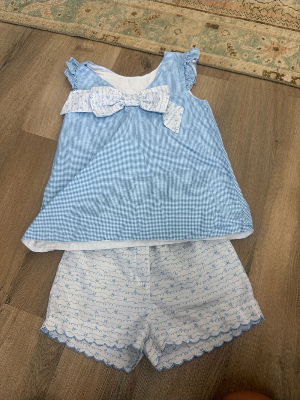 James & Lottie Light Blue Gingham Bow Tank + Scallop Trim Shorts Set